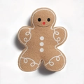 Gingerbread man plush pillow in soft brown fleece with festive white embroidery details - Gingerbread Man Pillow