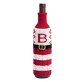 Knitted Christmas wine bottle cover featuring red and white patterns and a letter B design - Letter B