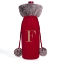 Elegant red velvet Christmas wine bottle cover with fur collar and embroidered letter F - Letter F