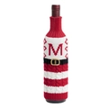Funda tejida para botella de vino en rojo y blanco con letra M y motivo de cinturón - Letra M