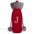 Red velvet Christmas wine bottle cover with grey fur trim and golden letter J - Letter J