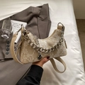 Elegant beige lace underarm bag with thick metal chain and white floral embroidery - Khaki