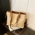 Large beige and brown tote bag with contrast stitching and adjustable woven strap - No Pendant / Khaki
