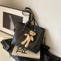 Large black tote bag in premium faux leather featuring a cute knitted bear charm - With Pendant / Black