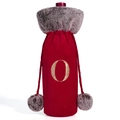 Red velvet Christmas wine bottle cover with fur collar and gold letter O embroidery - Letter O