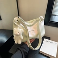 Chic bean green PU leather shoulder bag with cute plush bear charm for daily commute - Holographic Green