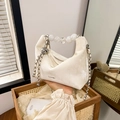 White crescent moon shoulder bag with large pearl beaded handle and silver chain strap - Off White