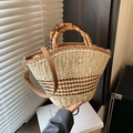 Borsa a mano retrò in paglia con manico in bambù e tracolla marrone in beige e naturale - Beige