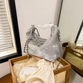 Silver textured beaded handbag with CLEAR K logo and elegant transparent bead handle - Silver