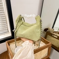 Pale green beaded handbag with transparent round bead handle and silver chain strap - Green