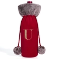 Red velvet Christmas wine bottle cover with grey faux fur trim and gold letter U - Letter U