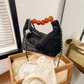 Black matte leather beaded bag with amber round beads handle and silver chain strap - Black