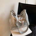 Silver balletcore shoulder bag with pink ribbon bow detail and large capacity - Silver