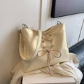 Chic cream white ballet style shoulder bag with elegant ribbon bow detailing - Pearl White