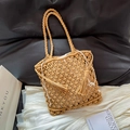 Handgewebte khakifarbene Häkeltasche mit eleganten Quasten und weißem Kordelzug-Innenfutter - Khaki