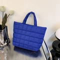 Royal blue quilted tote bag in padded nylon fabric with elegant square stitching - Blue