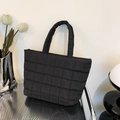 Minimalist large black quilted tote bag with diamond pattern for women commuting - Black