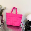 Large capacity rose pink quilted tote bag with padded handles and square pattern - Rose Red