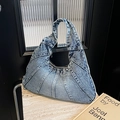 Blue washed denim shoulder bag with pleated fan-shaped design and wide top handle - Denim Blue