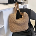 Grande borsa tote in paglia intrecciata a mano marrone chiaro con tracolle comode - Cachi
