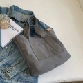 Gray canvas tote bag for women with wide straps and brown leather side detailing - Gray