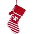 Red and white striped knitted Christmas stocking with pet paw print and plush pom-poms - Red-White Striped Paw Print