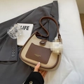 Stylish cream and brown contrast bucket bag with stitched pocket and leather strap - Cream White And Brown No Charm