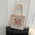Bolso tote tejido beige con bordado chino y asas largas para el uso diario de oficina - Beige