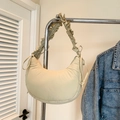 Chic cream yellow crescent shoulder bag with puffy quilted texture and ruched strap - Khaki