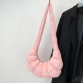 Pink quilted dumpling crossbody bag with pleated texture and wide strap for women - Pink Large