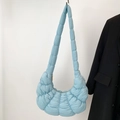 Chic light blue pleated dumpling bag with quilted nylon texture and crossbody strap - Blue Large