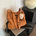 Caramel canvas tote bag with drawstring design and cute coffee cup plush charm - With Pendant / Brown