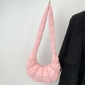 Chic pink quilted dumpling bag with puffy texture and integrated wide shoulder strap - Pink Small
