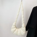 Chic cream white pleated crescent shoulder bag with quilted texture and wide strap - Rice White Small
