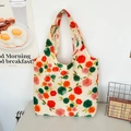 Borsa tote minimalista in tela beige con stampa floreale rossa e verde vivace - Fiore rosso