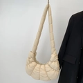 Chic beige quilted crescent bag with soft textured pleats and long shoulder strap - Khaki Small