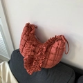 Quilted half-moon shoulder bag in brick red with ruffle trim and drawstring strap - Brick Red