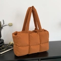 Brown quilted puffer tote bag with square stitching and large capacity for women - Brown