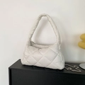 Minimalist cream quilted puffy shoulder bag with diamond stitch and metal chain strap - White