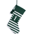 Green and white striped knitted Christmas stocking with letter I and pompom details - Green and White Striped Letter I