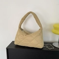 Khaki quilted puffer shoulder bag with a metal chain strap and top handle design - Khaki