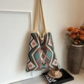 Borsa tote in maglia vintage bohémien con motivi geometrici colorati e tracolla - Bianco Sporco