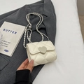 Quilted cream mini chain bag with silver heart-shaped clasp and metallic strap - Rice White Small