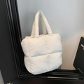 Minimalist white quilted puffer tote bag in soft nylon with padded handles for women - White