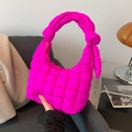 Bright pink quilted bubble handbag with a stylish knotted handle for summer fashion - Rose Red