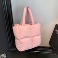Pink quilted down tote bag with padded handles and soft puffy puffer design - Pink