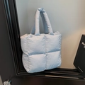 Light blue quilted puffer tote bag made of high-quality nylon for casual fashion - Blue