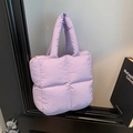Light purple quilted puffer tote bag made of soft nylon with padded handles in large size - Purple