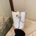 Minimalist white bucket bag with glossy finish and silver chain strap for women - White