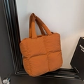 Caramel brown quilted puffer shoulder bag with large squares and soft padded handles - Brown